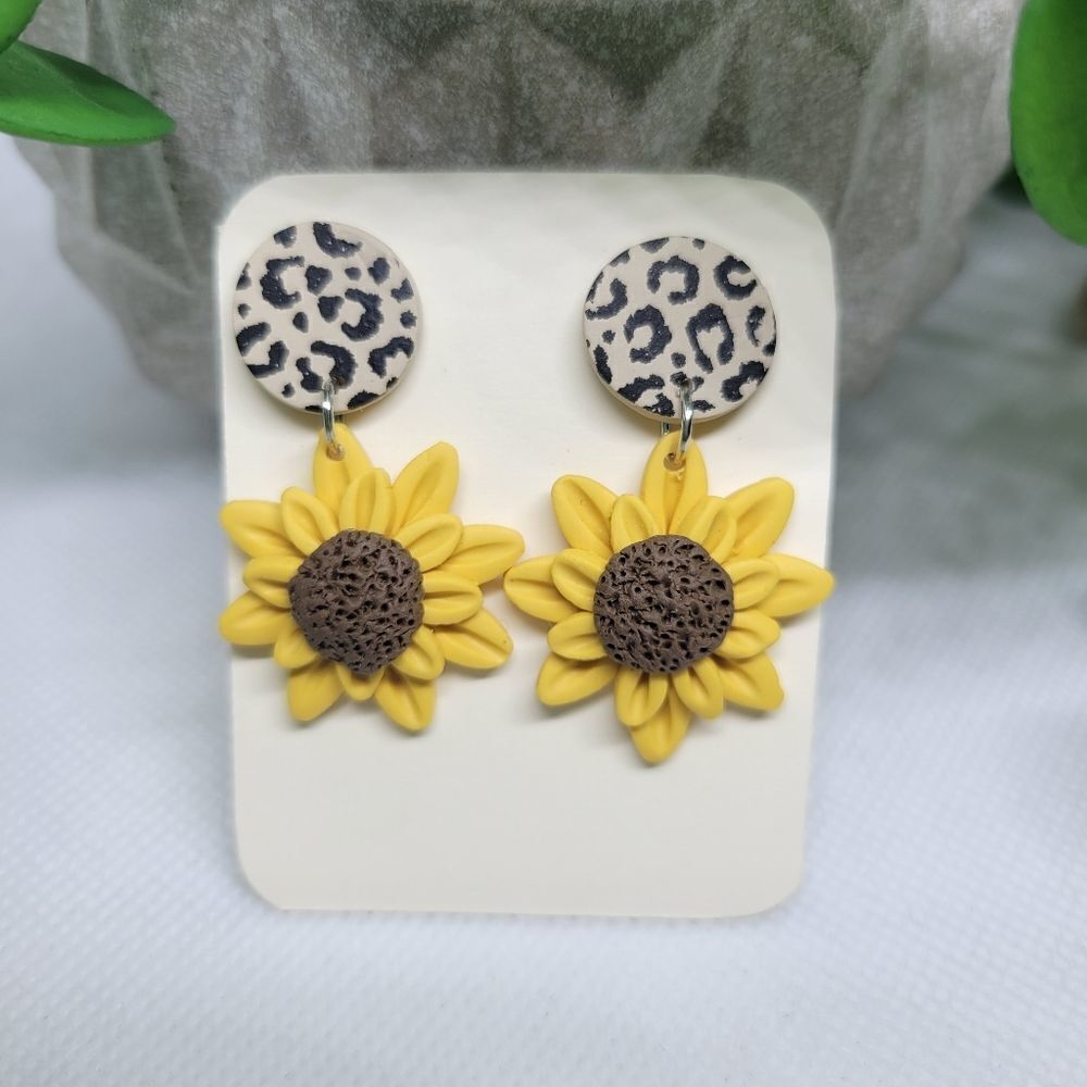Leopard print sunflower dangle earrings, handmade hypoallergenic